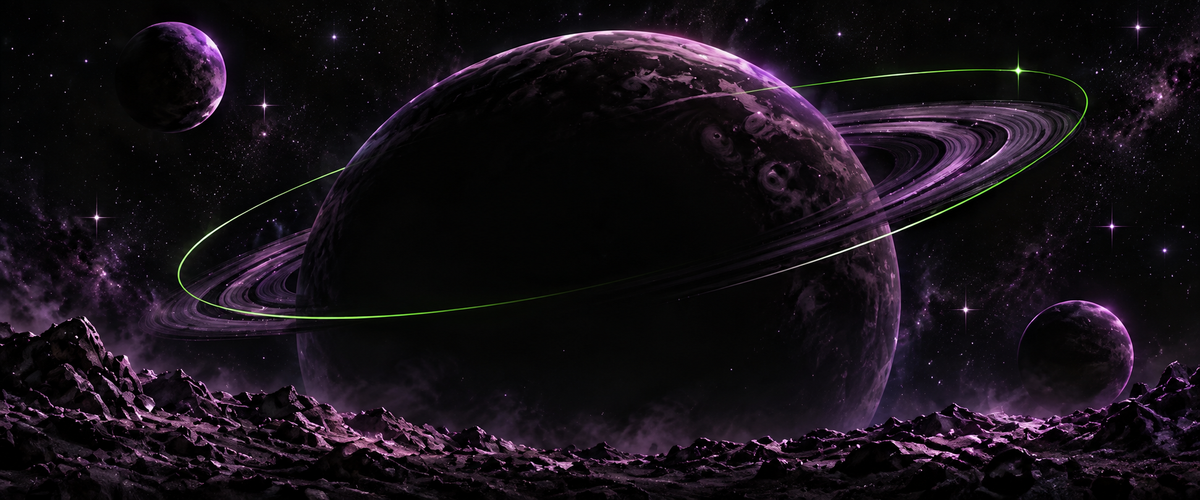 Purple ringed planet above a dark lunar landscape